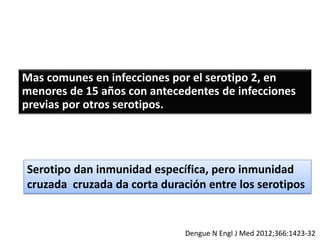 Mas comunes en infecciones por el serotipo 2, en
menores de 15 años con antecedentes de infecciones
previas por otros serotipos.
Serotipo dan inmunidad específica, pero inmunidad
cruzada cruzada da corta duración entre los serotipos
Dengue N Engl J Med 2012;366:1423-32
 