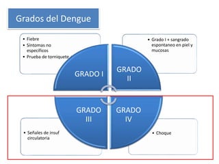 • Choque• Señales de insuf
circulatoria
• Grado I + sangrado
espontaneo en piel y
mucosas
• Fiebre
• Síntomas no
específicos
• Prueba de torniquete +
GRADO I
GRADO
II
GRADO
IV
GRADO
III
Grados del Dengue
 