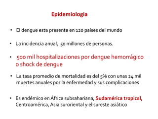 • El dengue esta presente en 120 países del mundo
• La incidencia anual, 50 millones de personas.
• 500 mil hospitalizaciones por dengue hemorrágico
o shock de dengue
• La tasa promedio de mortalidad es del 5% con unas 24 mil
muertes anuales por la enfermedad y sus complicaciones
• Es endémico en África subsahariana, Sudamérica tropical,
Centroamérica, Asia suroriental y el sureste asiático
Epidemiologia
 