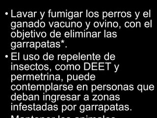 • Lavar y fumigar los perros y el
ganado vacuno y ovino, con el
objetivo de eliminar las
garrapatas*.
• El uso de repelente de
insectos, como DEET y
permetrina, puede
contemplarse en personas que
deban ingresar a zonas
infestadas por garrapatas.
 