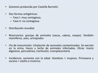 • Zoonosis producida por Coxiella Burnetii.
• Dos formas antigénicas:
– Fase I: muy contagiosa.
– Fase II: no contagiosa.
• Distribución mundial.
• Reservorios: granjas de animales (vacas, cabras, ovejas). También
mamíferos, aves, artropodos
• Vía de transmisión: inhalación de aerosoles contaminados. Se excreta
en la orina, heces y leche de animales infectados. Otras: tracto
digestivo, percutánea, tranfusión, transplacentaria
• Incidencia: aumenta con la edad. Hombres > mujeres. Primavera y
verano > otoño e invierno.
 