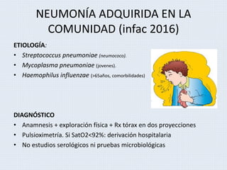 NEUMONÍA ADQUIRIDA EN LA
COMUNIDAD (infac 2016)
ETIOLOGÍA:
• Streptococcus pneumoniae (neumococo).
• Mycoplasma pneumoniae (jovenes).
• Haemophilus influenzae (>65años, comorbilidades)
DIAGNÓSTICO
• Anamnesis + exploración física + Rx tórax en dos proyecciones
• Pulsioximetría. Si SatO2<92%: derivación hospitalaria
• No estudios serológicos ni pruebas microbiológicas
 