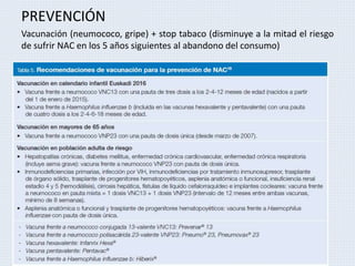 PREVENCIÓN
Vacunación (neumococo, gripe) + stop tabaco (disminuye a la mitad el riesgo
de sufrir NAC en los 5 años siguientes al abandono del consumo)
 