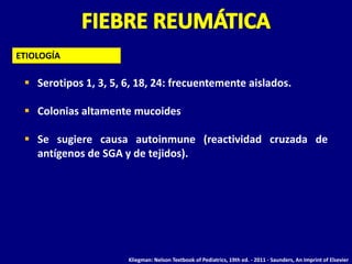  Serotipos 1, 3, 5, 6, 18, 24: frecuentemente aislados.
 Colonias altamente mucoides
 Se sugiere causa autoinmune (reactividad cruzada de
antígenos de SGA y de tejidos).
ETIOLOGÍA
Kliegman: Nelson Textbook of Pediatrics, 19th ed. - 2011 - Saunders, An Imprint of Elsevier
 