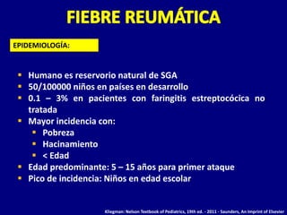  Humano es reservorio natural de SGA
 50/100000 niños en países en desarrollo
 0.1 – 3% en pacientes con faringitis estreptocócica no
tratada
 Mayor incidencia con:
 Pobreza
 Hacinamiento
 < Edad
 Edad predominante: 5 – 15 años para primer ataque
 Pico de incidencia: Niños en edad escolar
EPIDEMIOLOGÍA:
Kliegman: Nelson Textbook of Pediatrics, 19th ed. - 2011 - Saunders, An Imprint of Elsevier
 