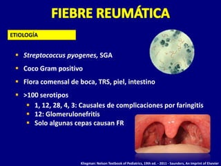 ETIOLOGÍA


  Streptococcus pyogenes, SGA
  Coco Gram positivo
  Flora comensal de boca, TRS, piel, intestino
  >100 serotipos
     1, 12, 28, 4, 3: Causales de complicaciones por faringitis
     12: Glomerulonefritis
     Solo algunas cepas causan FR




                      Kliegman: Nelson Textbook of Pediatrics, 19th ed. - 2011 - Saunders, An Imprint of Elsevier
 