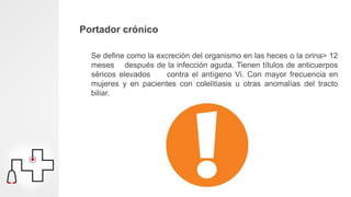 Portador crónico
Se define como la excreción del organismo en las heces o la orina> 12
meses después de la infección aguda. Tienen títulos de anticuerpos
séricos elevados contra el antígeno Vi. Con mayor frecuencia en
mujeres y en pacientes con colelitiasis u otras anomalías del tracto
biliar.
 