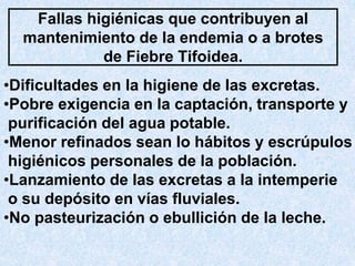 Fallas higiénicas que contribuyen al
mantenimiento de la endemia o a brotes
de Fiebre Tifoidea.
•Dificultades en la higiene de las excretas.
•Pobre exigencia en la captación, transporte y
purificación del agua potable.
•Menor refinados sean lo hábitos y escrúpulos
higiénicos personales de la población.
•Lanzamiento de las excretas a la intemperie
o su depósito en vías fluviales.
•No pasteurización o ebullición de la leche.
 