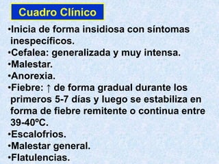 Cuadro Clínico
•Inicia de forma insidiosa con síntomas
inespecíficos.
•Cefalea: generalizada y muy intensa.
•Malestar.
•Anorexia.
•Fiebre: ↑ de forma gradual durante los
primeros 5-7 días y luego se estabiliza en
forma de fiebre remitente o continua entre
39-40ºC.
•Escalofrios.
•Malestar general.
•Flatulencias.
 