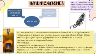 INMUNIZACIONES Para la prevención de la
fiebre tifoidea se recomienda
utilizar cualquiera de las
dos vacunas autorizadas.
La OMS recomienda la vacunación rutinaria contra la fiebre tifoidea en los siguientes casos:
• Niños mayores de 2 años de edad y adultos que viven en zonas endémicas de fiebre tifoidea.
• Personas que viajan a regiones geográficas en donde la fiebre tifoidea es endémica
• Personas que viven en campos de refugiados
• Microbiólogos
• Trabajadores de sistemas de aguas de desagüe
En situaciones de epidemia de fiebre tifoidea se recomienda la aplicación de la vacuna Vi en toda
la población. Si la comunidad en cuestión no puede inmunizarse completamente, la población
blanco para la vacunación serán las personas de 2 a 19 años.
 