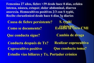 Femenina 27 años, fiebre >39 desde hace 8 días, cefalea
intensa, náusea, estupor, dolor abdominal, diarrea
anorexia. Hemocultivos positivos 2/3 con S typhi,
Recibe cloranfenicol desde hace 6 días 3g diarios
Causa de fiebre persistente? S. typhi
resistente
Como se documenta? Estudio in vitro CMI
Que conducta sigue? Cambio de droga
Conducta después de Tx? Realizar coprocultivo
Coprocultivo positivo Que conducta toma?
Estudio vías biliares y Tx. Portador crónico
 