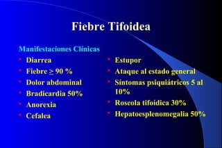 Fiebre TifoideaFiebre Tifoidea
Manifestaciones Clínicas
 Diarrea
 Fiebre > 90 %
 Dolor abdominal
 Bradicardia 50%
 Anorexia
 Cefalea
 Estupor
 Ataque al estado general
 Síntomas psiquiátricos 5 al
10%
 Roseola tifoídica 30%
 Hepatoesplenomegalia 50%
 