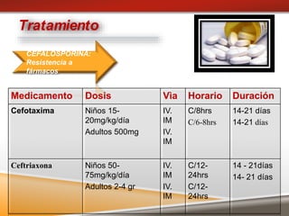 Tratamiento
Medicamento Dosis Vìa Horario Duración
Cefotaxima Niños 15-
20mg/kg/día
Adultos 500mg
IV.
IM
IV.
IM
C/8hrs
C/6-8hrs
14-21 días
14-21 días
Ceftriaxona Niños 50-
75mg/kg/día
Adultos 2-4 gr
IV.
IM
IV.
IM
C/12-
24hrs
C/12-
24hrs
14 - 21días
14- 21 días
CEFALOSPORINA:
Resistencia a
fármacos
 
