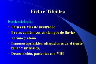 Fiebre TifoideaFiebre Tifoidea
Epidemiología:
• Países en vías de desarrollo
• Brotes epidémicos en tiempos de lluvias
verano y otoño
• Inmunosuprimidos, alteraciones en el tracto
biliar y urinarios,
• Desnutrición, pacientes con VIH
 