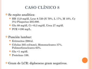 CASO CLÍNICO 8
 Se repite analítica:
 HB 13,9 mg/dl, Leuc 8.720 (N 70%, L 17%, M 10%, Cy
3%) Plaquetas 205.000.
 Glu 88 mg/dl, Cr <0,3 mg/dl, Urea 27 mg/dl.
 PCR >190 mg/L.
 Punción lumbar:
 Eritrocitos 298/ul.
 Células 505 cel/mm3, Mononucleares 37%,
Polimorfonucleares 63%.
 Glu <1 mg/dl.
 Proteínas 188.
 Gram de LCR: diplococos gram negativos.
 