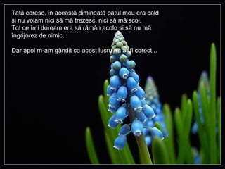 Tată ceresc, în această dimineată patul meu era cald  si nu voiam nici să mă trezesc, nici să mă scol.  Tot ce îmi doream era să rămân acolo si să nu mă îngrijorez de nimic.  Dar apoi m-am gândit ca acest lucru nu ar fi corect... 