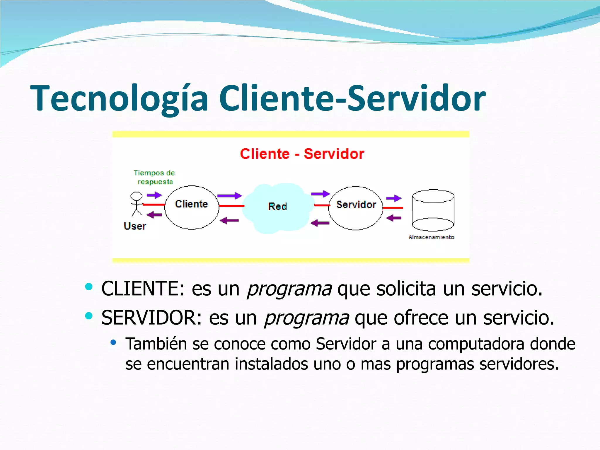 Tecnología Cliente-Servidor CLIENTE: es un  programa  que solicita un servicio. SERVIDOR: es un  programa  que ofrece un servicio.  También se conoce como Servidor a una computadora donde se encuentran instalados uno o mas programas servidores. 