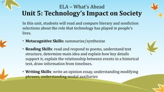 ELA – What’s Ahead
Unit 5: Technology’s Impact on Society
In this unit, students will read and compare literary and nonfiction
selections about the role that technology has played in people’s
lives.
• Metacognitive Skills: summarize/synthesize
• Reading Skills: read and respond to poems, understand text
structure, determine main idea and explain how key details
support it, explain the relationship between events in a historical
text, draw information from timelines.
• Writing Skills: write an opinion essay, understanding modifying
phrases, understanding modal auxiliaries
 