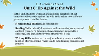 ELA – What’s Ahead
Unit 6: Up Against the Wild
In this unit, students will read and compare selections about
characters who are up against the wild and analyze how different
genres approach similar themes.
• Metacognitive Skills: make connections
• Reading Skills: identify key events and summarize, compare and
contrast characters, determine how characters respond to a
challenge, and explain the overall structure of a text
• Writing Skills: write a narrative journal entry, understand the
function of prepositions, revise to add details using prepositional
phrases.
 