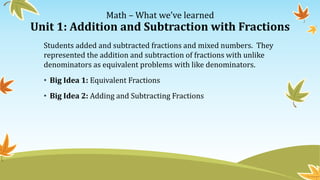 Math – What we’ve learned
Unit 1: Addition and Subtraction with Fractions
Students added and subtracted fractions and mixed numbers. They
represented the addition and subtraction of fractions with unlike
denominators as equivalent problems with like denominators.
• Big Idea 1: Equivalent Fractions
• Big Idea 2: Adding and Subtracting Fractions
 