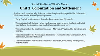 Social Studies – What’s Ahead
Unit 3: Colonization and Settlement
Students will examine why different colonial regions developed in North America.
We’ll focus on the following developments:
• Early English settlements at Roanoke, Jamestown, and Plymouth.
• The push and pull factors – what made people want to leave England and what
was it about the Americas that made them want to come here.
• The settlement of the Southern Colonies – Maryland, Virginia, the Carolinas, and
Georgia.
• The settlement of the New England Colonies – Massachusetts, Connecticut, New
Hampshire, and Rhode Island
• The settlement of Mid-Atlantic Colonies – New York, New Jersey, Pennsylvania,
and Delaware.
 