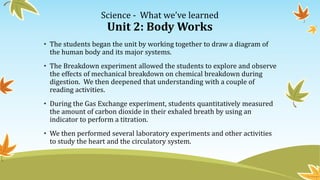 Science - What we’ve learned
Unit 2: Body Works
• The students began the unit by working together to draw a diagram of
the human body and its major systems.
• The Breakdown experiment allowed the students to explore and observe
the effects of mechanical breakdown on chemical breakdown during
digestion. We then deepened that understanding with a couple of
reading activities.
• During the Gas Exchange experiment, students quantitatively measured
the amount of carbon dioxide in their exhaled breath by using an
indicator to perform a titration.
• We then performed several laboratory experiments and other activities
to study the heart and the circulatory system.
 