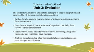 Science - What’s Ahead
Unit 3: Evolution
The students will work to understand concepts of species adaptation and
survival. They’ll focus on the following objectives:
• Explain how behavioral characteristics of animals help them survive in
their environment.
• Describe the physical characteristics of organisms that help them
survive in their environment.
• Describe how fossils provide evidence about how living things and
environmental conditions have changed.
• Analyze the relationship of environmental change and catastrophic
events to species extinction.
 