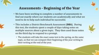 Assessments - Beginning of the Year
• We have been working to complete a number of assessments to
find out exactly where our students are academically and what we
need to do to help each individual be successful.
• This includes a District Benchmark Assessment (DBA). During
this test, the students spent a couple of days taking notes on
multiple sources about a given topic. They then used those notes
on the third day to respond to a prompt.
• The students will take the exact same test in the spring, on the same
topic, so that we can compare their beginning of the year writing to
their writing at the end of the year.
 
