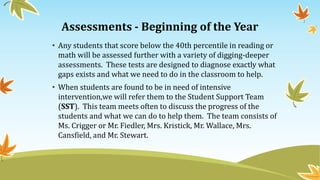 Assessments - Beginning of the Year
• Any students that score below the 40th percentile in reading or
math will be assessed further with a variety of digging-deeper
assessments. These tests are designed to diagnose exactly what
gaps exists and what we need to do in the classroom to help.
• When students are found to be in need of intensive
intervention,we will refer them to the Student Support Team
(SST). This team meets often to discuss the progress of the
students and what we can do to help them. The team consists of
Ms. Crigger or Mr. Fiedler, Mrs. Kristick, Mr. Wallace, Mrs.
Cansfield, and Mr. Stewart.
 
