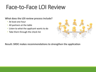 What does the LOI review process include?
• At least one hour
• All partners at the table
• Listen to what the applicant wants to do
• Take them through the check list
Result: SRDC makes recommendations to strengthen the application
Face-to-Face LOI Review
 