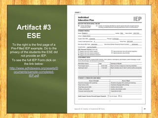 Artifact #3
ESE
To the right is the first page of a
Pre-Filled IEP example. Do to the
privacy of the students the ESE did
not provide an IEP.
To see the full IEP Form click on
the link below:
http://www.adhdaware.org/assets/D
ocuments/sample-completedIEP.pdf

 