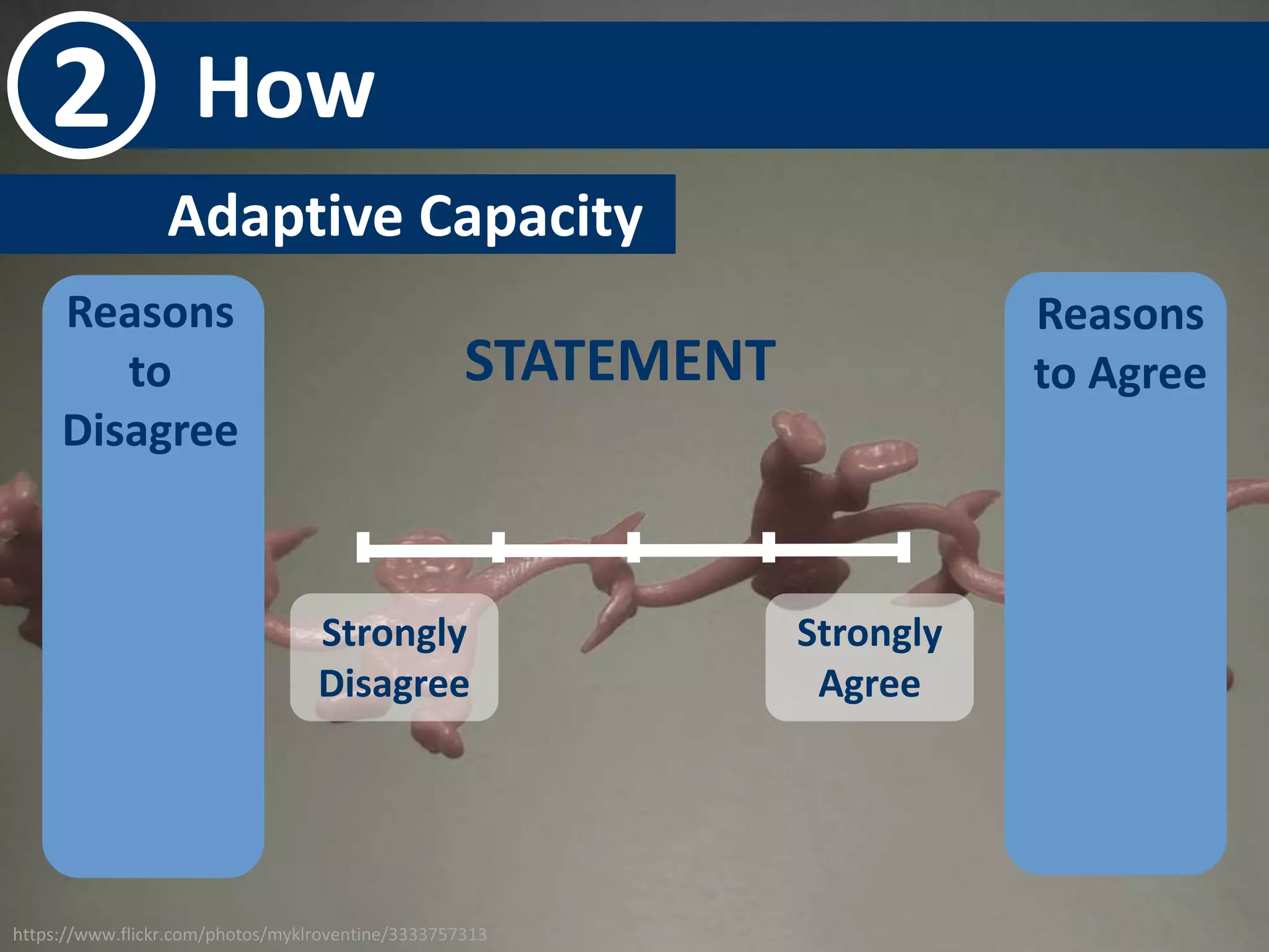 2 How 
Adaptive Capacity- 
Strongly 
Disagree 
Strongly 
Agree 
Reasons 
to 
Disagree 
Reasons 
STATEMENT to Agree 
https://www.flickr.com/photos/myklroventine/3333757313 
 
