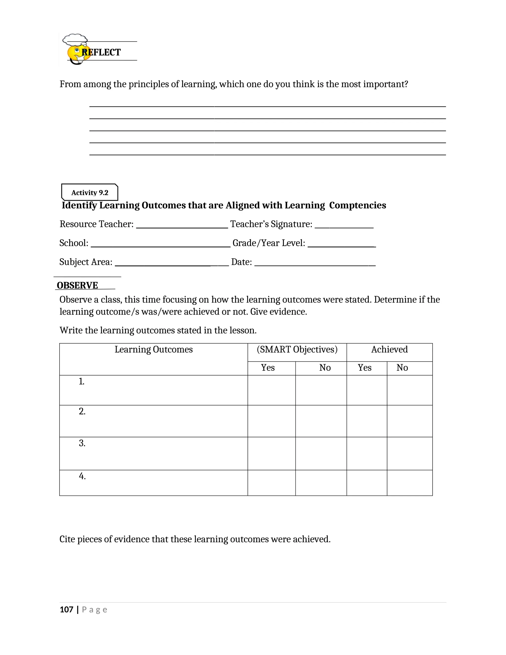 From among the principles of learning, which one do you think is the most important?
_________________________________________________________________________________________________
_________________________________________________________________________________________________
_________________________________________________________________________________________________
_________________________________________________________________________________________________
_________________________________________________________________________________________________
Identify Learning Outcomes that are Aligned with Learning Comptencies
Resource Teacher: _________________________ Teacher’s Signature: ________________
School: ______________________________________ Grade/Year Level: __________________
Subject Area: _______________________________ Date: _________________________________
Observe a class, this time focusing on how the learning outcomes were stated. Determine if the
learning outcome/s was/were achieved or not. Give evidence.
Write the learning outcomes stated in the lesson.
Learning Outcomes (SMART Objectives) Achieved
Yes No Yes No
1.
2.
3.
4.
Cite pieces of evidence that these learning outcomes were achieved.
107 | P a g e
REFLECT
Activity 9.2
OBSERVE
 