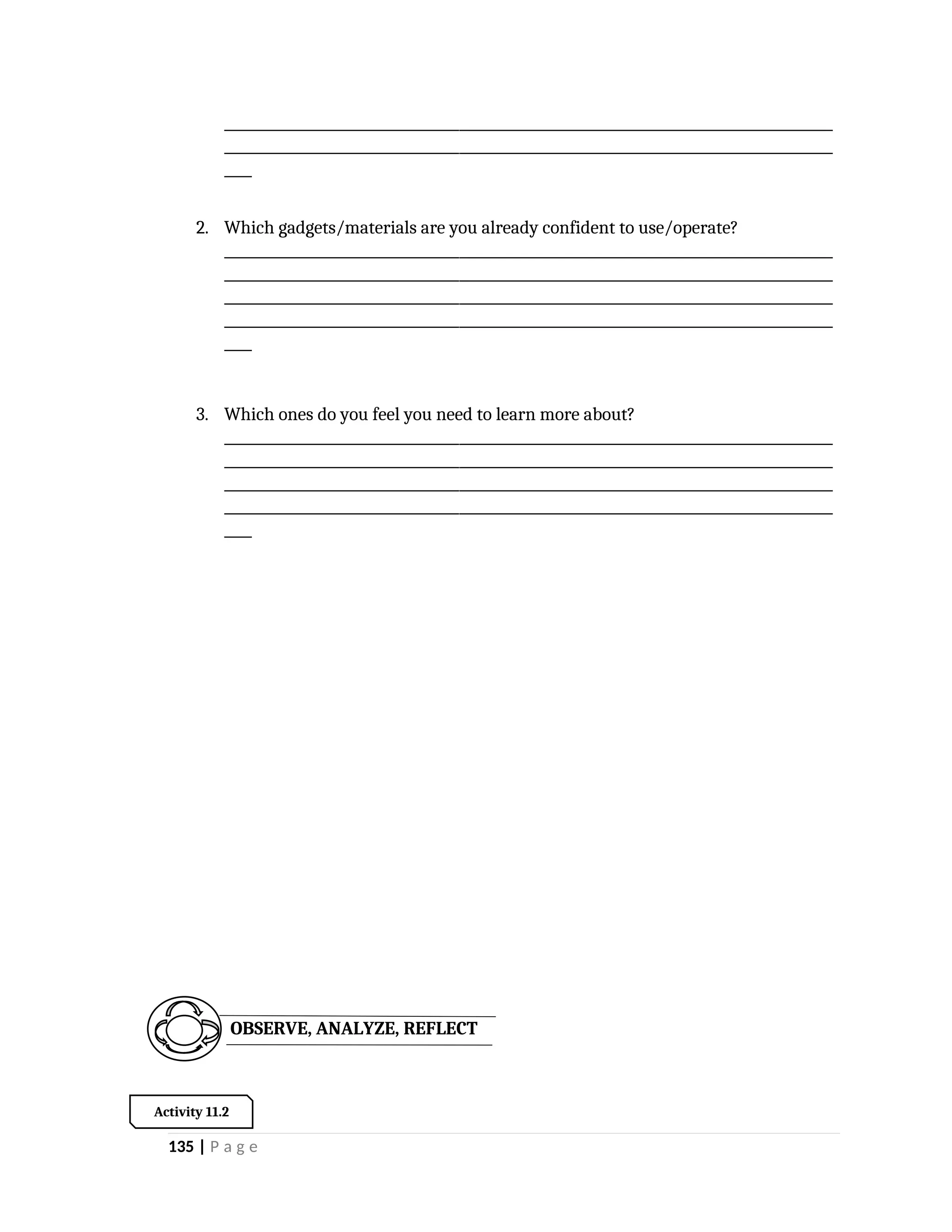 ________________________________________________________________________________________
________________________________________________________________________________________
____
2. Which gadgets/materials are you already confident to use/operate?
________________________________________________________________________________________
________________________________________________________________________________________
________________________________________________________________________________________
________________________________________________________________________________________
____
3. Which ones do you feel you need to learn more about?
________________________________________________________________________________________
________________________________________________________________________________________
________________________________________________________________________________________
________________________________________________________________________________________
____
135 | P a g e
Activity 11.2
OBSERVE, ANALYZE, REFLECT
 