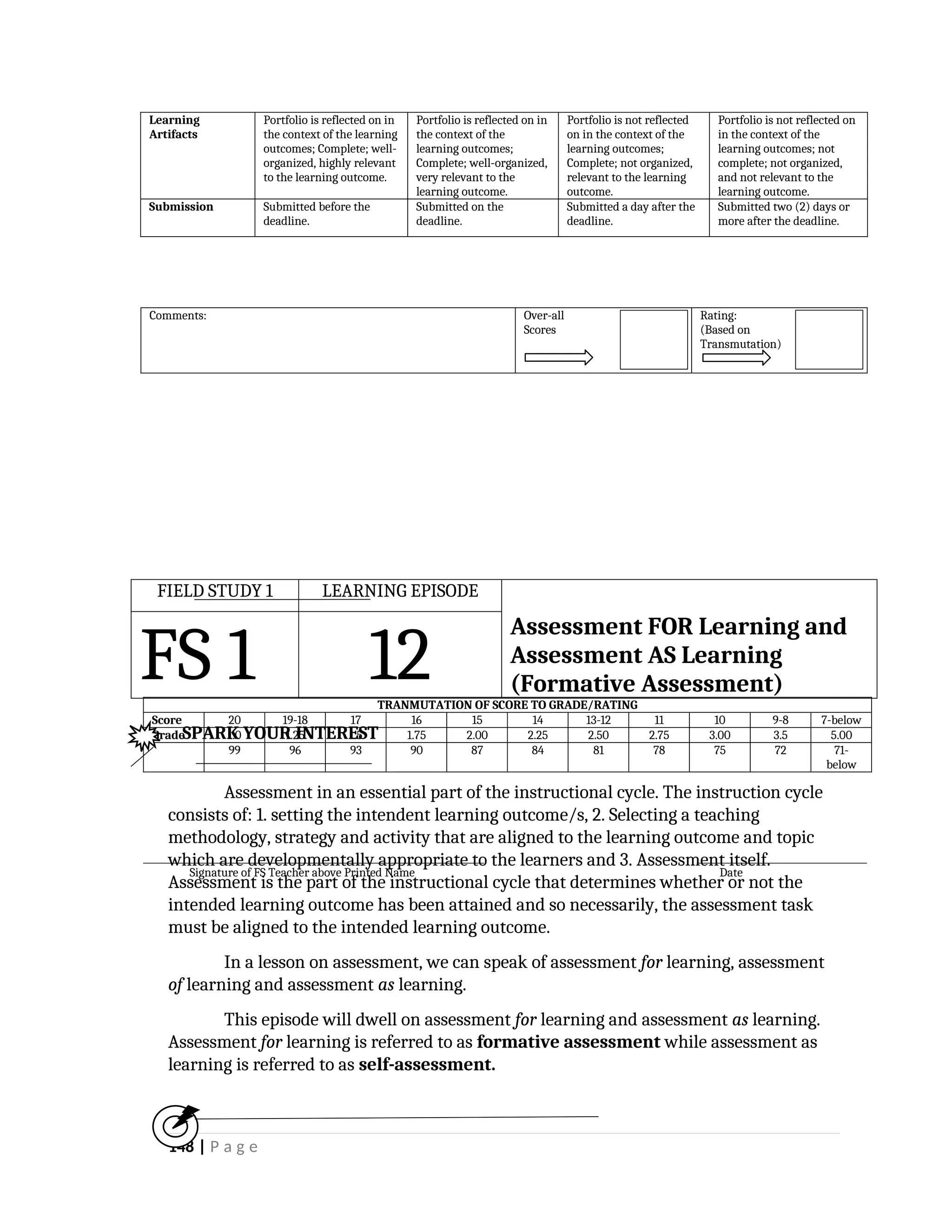 TRANMUTATION OF SCORE TO GRADE/RATING
Score 20 19-18 17 16 15 14 13-12 11 10 9-8 7-below
Grade 1.0 1.25 1.5 1.75 2.00 2.25 2.50 2.75 3.00 3.5 5.00
99 96 93 90 87 84 81 78 75 72 71-
below
__________________________________________________________________________ _____________________________________
Signature of FS Teacher above Printed Name Date
Learning
Artifacts
Portfolio is reflected on in
the context of the learning
outcomes; Complete; well-
organized, highly relevant
to the learning outcome.
Portfolio is reflected on in
the context of the
learning outcomes;
Complete; well-organized,
very relevant to the
learning outcome.
Portfolio is not reflected
on in the context of the
learning outcomes;
Complete; not organized,
relevant to the learning
outcome.
Portfolio is not reflected on
in the context of the
learning outcomes; not
complete; not organized,
and not relevant to the
learning outcome.
Submission Submitted before the
deadline.
Submitted on the
deadline.
Submitted a day after the
deadline.
Submitted two (2) days or
more after the deadline.
Comments: Over-all
Scores
Rating:
(Based on
Transmutation)
Assessment in an essential part of the instructional cycle. The instruction cycle
consists of: 1. setting the intendent learning outcome/s, 2. Selecting a teaching
methodology, strategy and activity that are aligned to the learning outcome and topic
which are developmentally appropriate to the learners and 3. Assessment itself.
Assessment is the part of the instructional cycle that determines whether or not the
intended learning outcome has been attained and so necessarily, the assessment task
must be aligned to the intended learning outcome.
In a lesson on assessment, we can speak of assessment for learning, assessment
of learning and assessment as learning.
This episode will dwell on assessment for learning and assessment as learning.
Assessment for learning is referred to as formative assessment while assessment as
learning is referred to as self-assessment.
148 | P a g e
SPARK YOUR INTEREST
FIELD STUDY 1 LEARNING EPISODE
FS 1 12
Assessment FOR Learning and
Assessment AS Learning
(Formative Assessment)
 