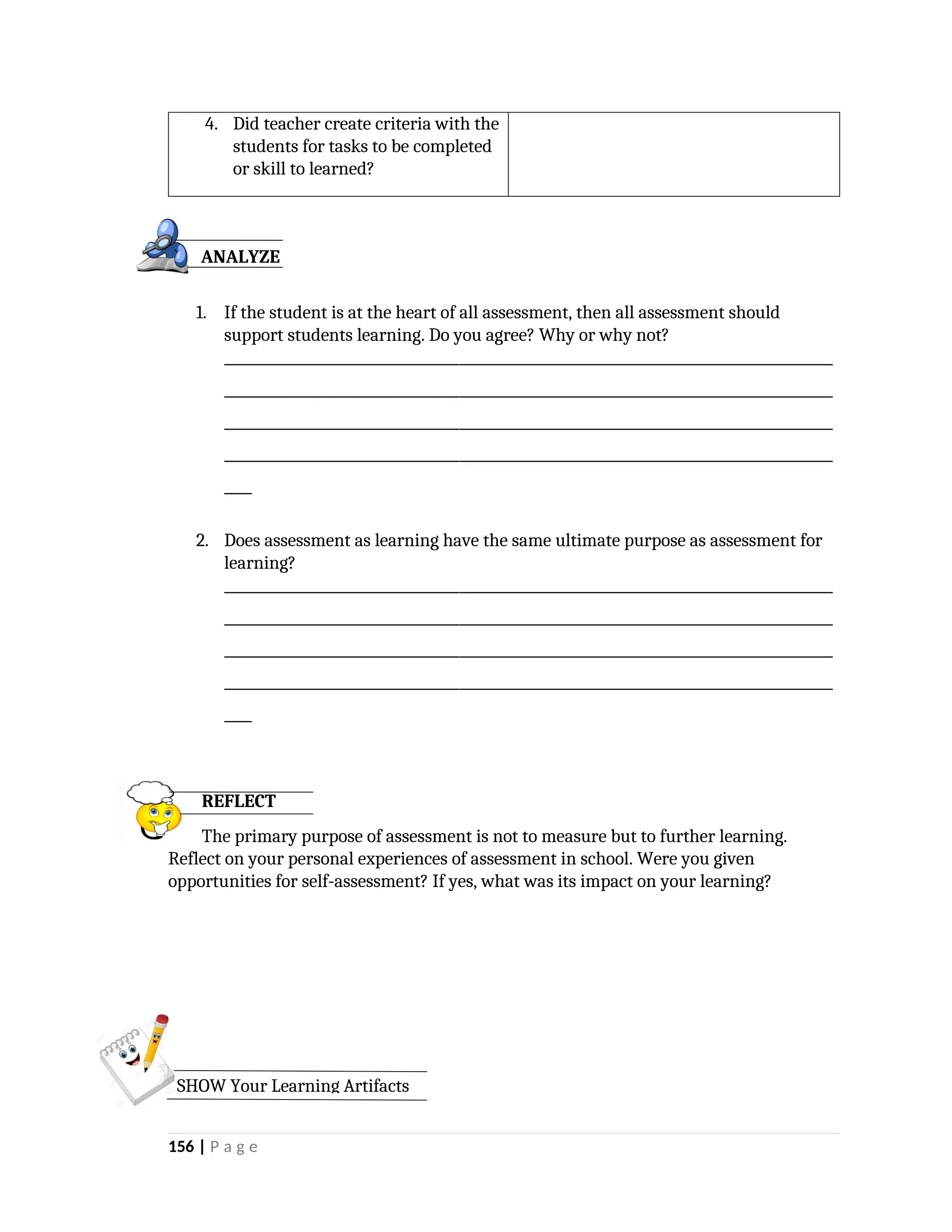4. Did teacher create criteria with the
students for tasks to be completed
or skill to learned?
1. If the student is at the heart of all assessment, then all assessment should
support students learning. Do you agree? Why or why not?
________________________________________________________________________________________
________________________________________________________________________________________
________________________________________________________________________________________
________________________________________________________________________________________
____
2. Does assessment as learning have the same ultimate purpose as assessment for
learning?
________________________________________________________________________________________
________________________________________________________________________________________
________________________________________________________________________________________
________________________________________________________________________________________
____
REFLECT
The primary purpose of assessment is not to measure but to further learning.
Reflect on your personal experiences of assessment in school. Were you given
opportunities for self-assessment? If yes, what was its impact on your learning?
156 | P a g e
ANALYZE
SHOW Your Learning Artifacts
 