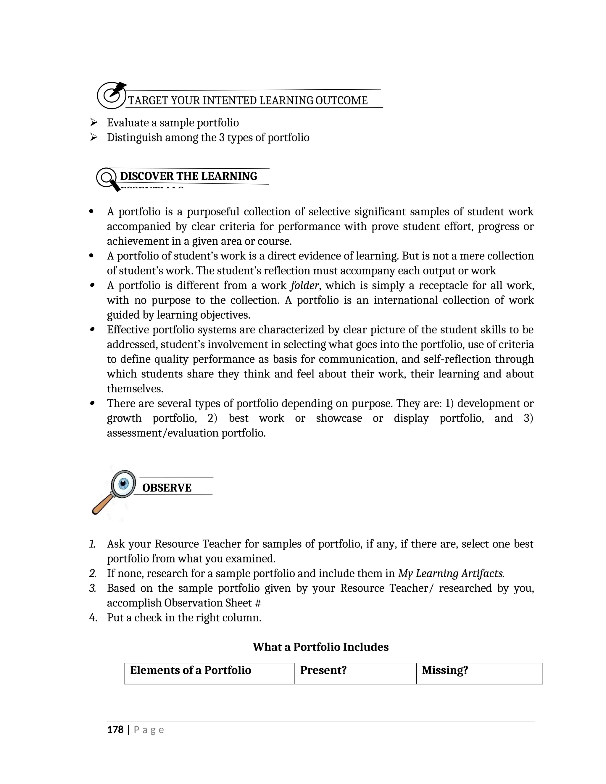 TARGET YOUR INTENTED LEARNING OUTCOME
 Evaluate a sample portfolio
 Distinguish among the 3 types of portfolio
 A portfolio is a purposeful collection of selective significant samples of student work
accompanied by clear criteria for performance with prove student effort, progress or
achievement in a given area or course.
 A portfolio of student’s work is a direct evidence of learning. But is not a mere collection
of student’s work. The student’s reflection must accompany each output or work
 A portfolio is different from a work folder, which is simply a receptacle for all work,
with no purpose to the collection. A portfolio is an international collection of work
guided by learning objectives.
 Effective portfolio systems are characterized by clear picture of the student skills to be
addressed, student’s involvement in selecting what goes into the portfolio, use of criteria
to define quality performance as basis for communication, and self-reflection through
which students share they think and feel about their work, their learning and about
themselves.
 There are several types of portfolio depending on purpose. They are: 1) development or
growth portfolio, 2) best work or showcase or display portfolio, and 3)
assessment/evaluation portfolio.
1. Ask your Resource Teacher for samples of portfolio, if any, if there are, select one best
portfolio from what you examined.
2. If none, research for a sample portfolio and include them in My Learning Artifacts.
3. Based on the sample portfolio given by your Resource Teacher/ researched by you,
accomplish Observation Sheet #
4. Put a check in the right column.
What a Portfolio Includes
Elements of a Portfolio Present? Missing?
178 | P a g e
OBSERVE
DISCOVER THE LEARNING
ESSENTIALS
 
