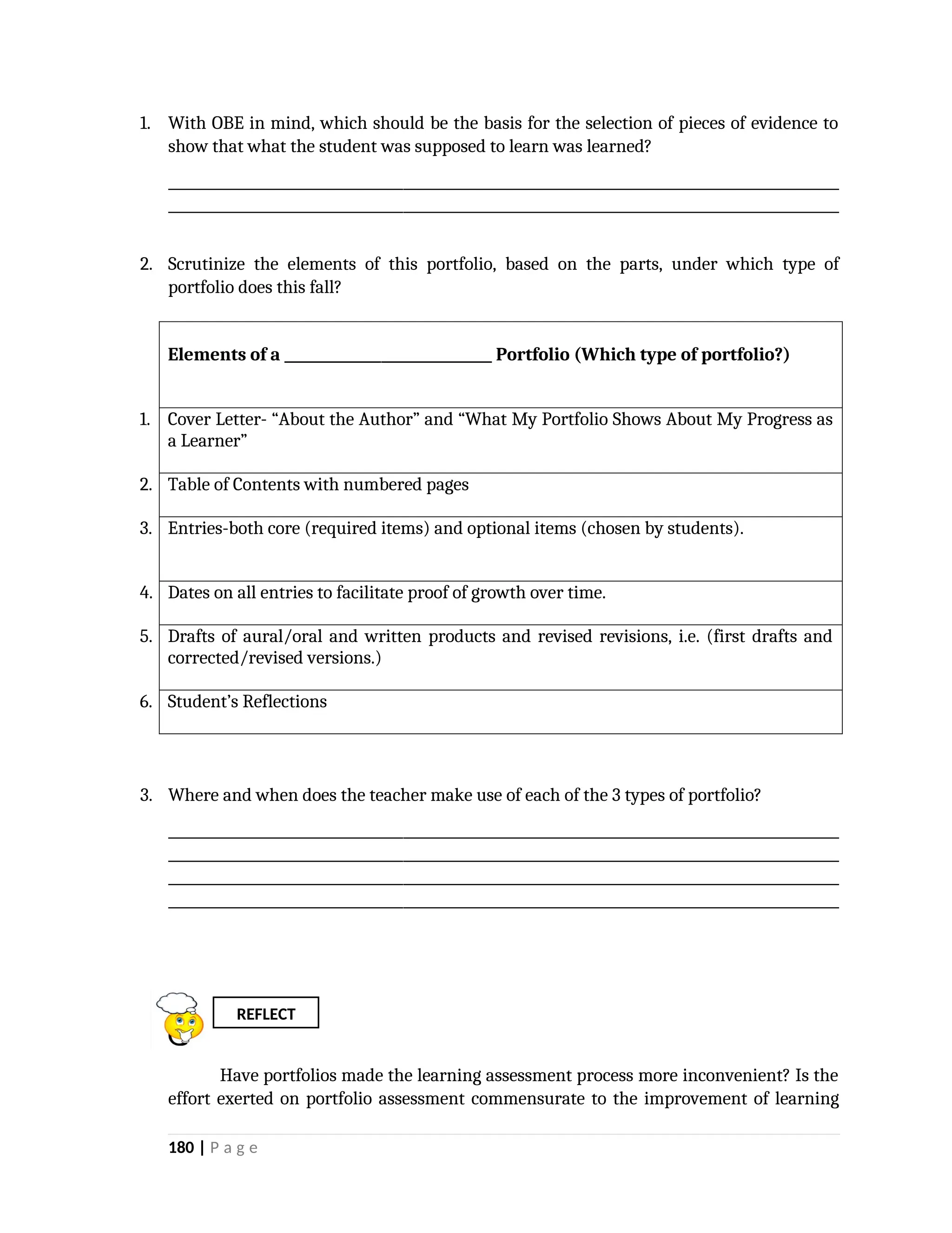 1. With OBE in mind, which should be the basis for the selection of pieces of evidence to
show that what the student was supposed to learn was learned?
_________________________________________________________________________________________________
_________________________________________________________________________________________________
2. Scrutinize the elements of this portfolio, based on the parts, under which type of
portfolio does this fall?
3. Where and when does the teacher make use of each of the 3 types of portfolio?
_________________________________________________________________________________________________
_________________________________________________________________________________________________
_________________________________________________________________________________________________
_________________________________________________________________________________________________
Have portfolios made the learning assessment process more inconvenient? Is the
effort exerted on portfolio assessment commensurate to the improvement of learning
180 | P a g e
REFLECT
Elements of a ______________________________ Portfolio (Which type of portfolio?)
1. Cover Letter- “About the Author” and “What My Portfolio Shows About My Progress as
a Learner”
2. Table of Contents with numbered pages
3. Entries-both core (required items) and optional items (chosen by students).
4. Dates on all entries to facilitate proof of growth over time.
5. Drafts of aural/oral and written products and revised revisions, i.e. (first drafts and
corrected/revised versions.)
6. Student’s Reflections
 