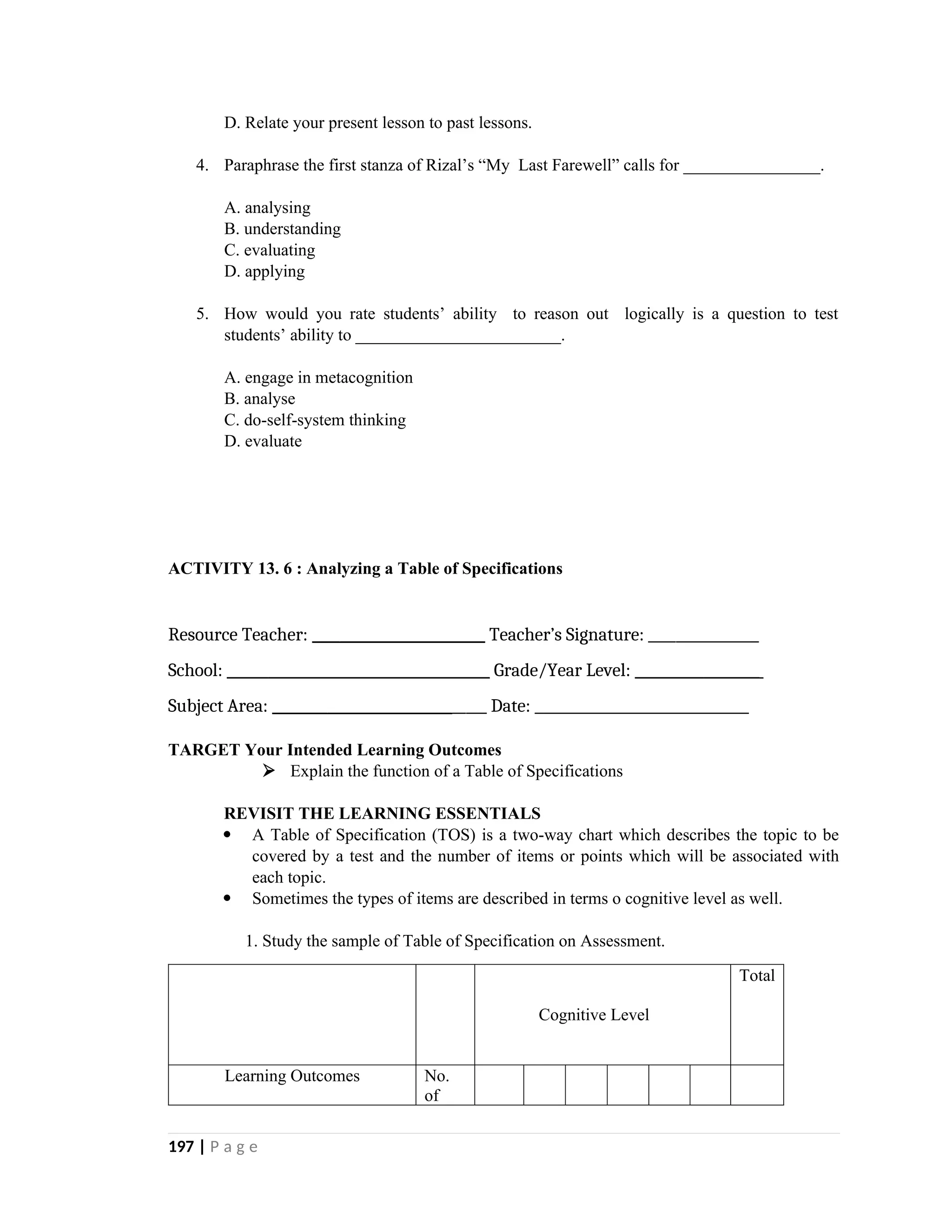 D. Relate your present lesson to past lessons.
4. Paraphrase the first stanza of Rizal’s “My Last Farewell” calls for ________________.
A. analysing
B. understanding
C. evaluating
D. applying
5. How would you rate students’ ability to reason out logically is a question to test
students’ ability to ________________________.
A. engage in metacognition
B. analyse
C. do-self-system thinking
D. evaluate
ACTIVITY 13. 6 : Analyzing a Table of Specifications
Resource Teacher: _________________________ Teacher’s Signature: ________________
School: ______________________________________ Grade/Year Level: __________________
Subject Area: _______________________________ Date: _______________________________
TARGET Your Intended Learning Outcomes
 Explain the function of a Table of Specifications
REVISIT THE LEARNING ESSENTIALS
 A Table of Specification (TOS) is a two-way chart which describes the topic to be
covered by a test and the number of items or points which will be associated with
each topic.
 Sometimes the types of items are described in terms o cognitive level as well.
1. Study the sample of Table of Specification on Assessment.
Cognitive Level
Total
Learning Outcomes No.
of
197 | P a g e
 