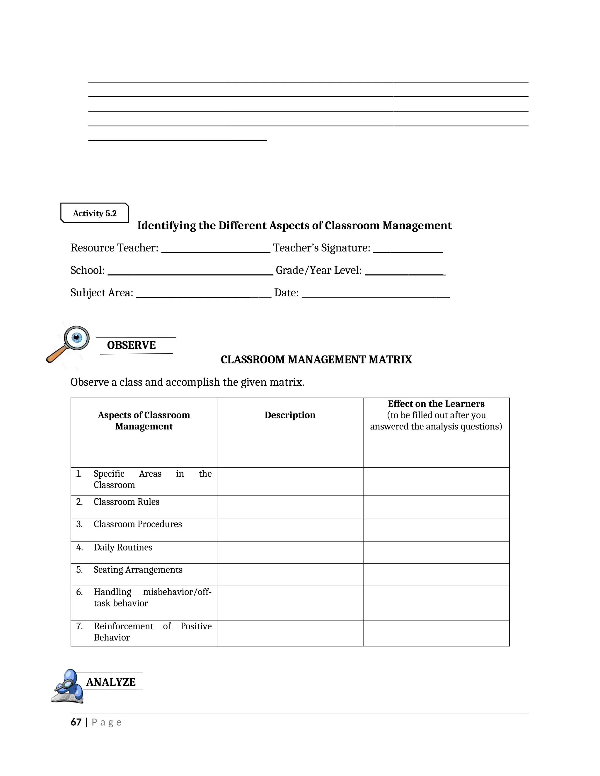 _____________________________________________________________________________________________________
_____________________________________________________________________________________________________
_____________________________________________________________________________________________________
_____________________________________________________________________________________________________
_________________________________________
Identifying the Different Aspects of Classroom Management
Resource Teacher: _________________________ Teacher’s Signature: ________________
School: ______________________________________ Grade/Year Level: __________________
Subject Area: _______________________________ Date: __________________________________
CLASSROOM MANAGEMENT MATRIX
Observe a class and accomplish the given matrix.
Aspects of Classroom
Management
Description
Effect on the Learners
(to be filled out after you
answered the analysis questions)
1. Specific Areas in the
Classroom
2. Classroom Rules
3. Classroom Procedures
4. Daily Routines
5. Seating Arrangements
6. Handling misbehavior/off-
task behavior
7. Reinforcement of Positive
Behavior
67 | P a g e
Activity 5.2
OBSERVE
ANALYZE
 