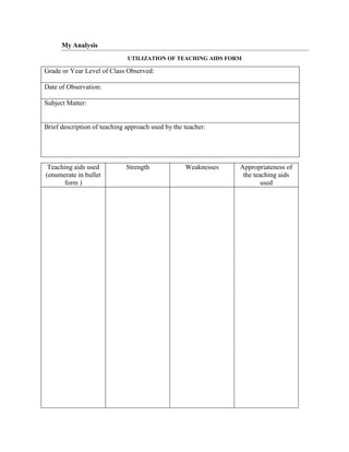 My Analysis
UTILIZATION OF TEACHING AIDS FORM
Grade or Year Level of Class Observed:
Date of Observation:
Subject Matter:
Brief description of teaching approach used by the teacher:
Teaching aids used
(enumerate in bullet
form )
Strength Weaknesses Appropriateness of
the teaching aids
used
 