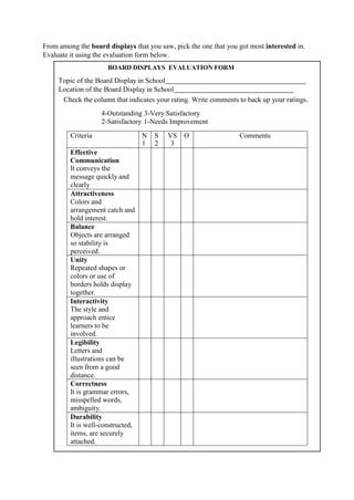 From among the board displays that you saw, pick the one that you got most interested in.
Evaluate it using the evaluation form below.
BOARD DISPLAYS EVALUATION FORM
Topic of the Board Display in School
Location of the Board Display in School
Check the column that indicates your rating. Write comments to back up your ratings.
4-Outstanding 3-Very Satisfactory
2-Satisfactory 1-Needs Improvement
Criteria N
1
S
2
VS
3
O Comments
Effective
Communication
It conveys the
message quickly and
clearly
Attractiveness
Colors and
arrangement catch and
hold interest.
Balance
Objects are arranged
so stability is
perceived.
Unity
Repeated shapes or
colors or use of
borders holds display
together.
Interactivity
The style and
approach entice
learners to be
involved.
Legibility
Letters and
illustrations can be
seen from a good
distance.
Correctness
It is grammar errors,
misspelled words,
ambiguity.
Durability
It is well-constructed,
items, are securely
attached.
 