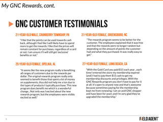 6
GNC CUSTOMER TESTIMONIALS
21-year-old male, Cranberry Township, PA
“I like that the points can be used towards cash
back, although I feel like I will likely have to spend
more to get the rewards. I like that the prices will
remain constant for purchases, regardless of a card
or not. I am unsure if I will still get ‘exclusive’
beneﬁts or not.”
21-year-old female, Greensboro, NC
“The rewards program seems to be better for the
customer. The employees explained that it was free
and that the rewards were no longer random but
depending on the amount of points the customer
had and what they purchased. It was really easy to
get.”
25-year-old female, Opelika, AL
“It seems like the new program really is beneﬁting
all ranges of customers due to the rewards per
dollar. The original rewards program really only
seemed to beneﬁt those that spent a lot of money
on supplements, thus did not help me a ton due to
the types of products I typically purchase. This new
program does beneﬁt me which is a wonderful
change…Not only was I excited about the new
rewards program, but the employees were visibly
excited as well.”
27-year-old female, Long Beach, CA
“With the Gold Card you paid $15 each year…each
time I entered the store my membership expired
(and) I had to pay them $15 cash to get my
membership discounts and privileges. With the
GNC Rewards program you don't have to pay for it
at all; it's open to anyone now and that's awesome
because sometimes paying for the membership
kept me from renewing. I am an avid GNC shopper
and have been for years and I'm very glad they've
upgraded the membership.”
My GNC Rewards, cont.
 