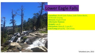Tahoebest.com, 2013
Lower Eagle Falls
Location: South Lake Tahoe, Lake Tahoe Basin,
El Dorado County
Stream: Eagle Creek
Alternate Names:
Height: 140 ft.
Elevation: 6600 ft. (-350 ft.)
Lat/Long:38.95185, -120.11029
 