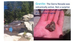 Granite
Granite: The Sierra Nevada was
volcanically active. Not a surprise
to find granite which was
at one time magma
 