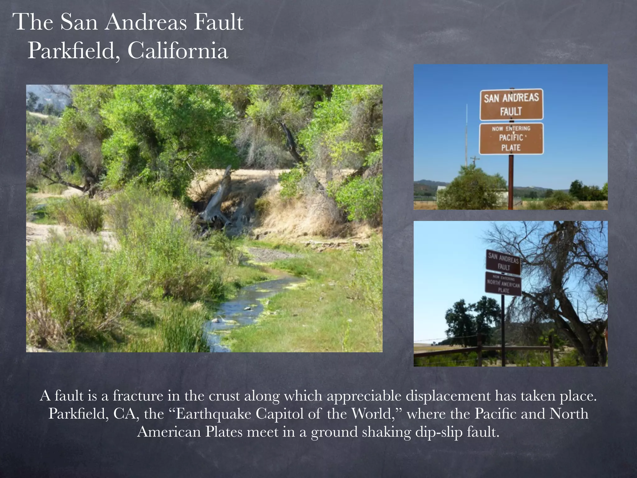 The San Andreas Fault
 Parkﬁeld, California




  A fault is a fracture in the crust along which appreciable displacement has taken place.
   Parkﬁeld, CA, the “Earthquake Capitol of the World,” where the Paciﬁc and North
                   American Plates meet in a ground shaking dip-slip fault.
 