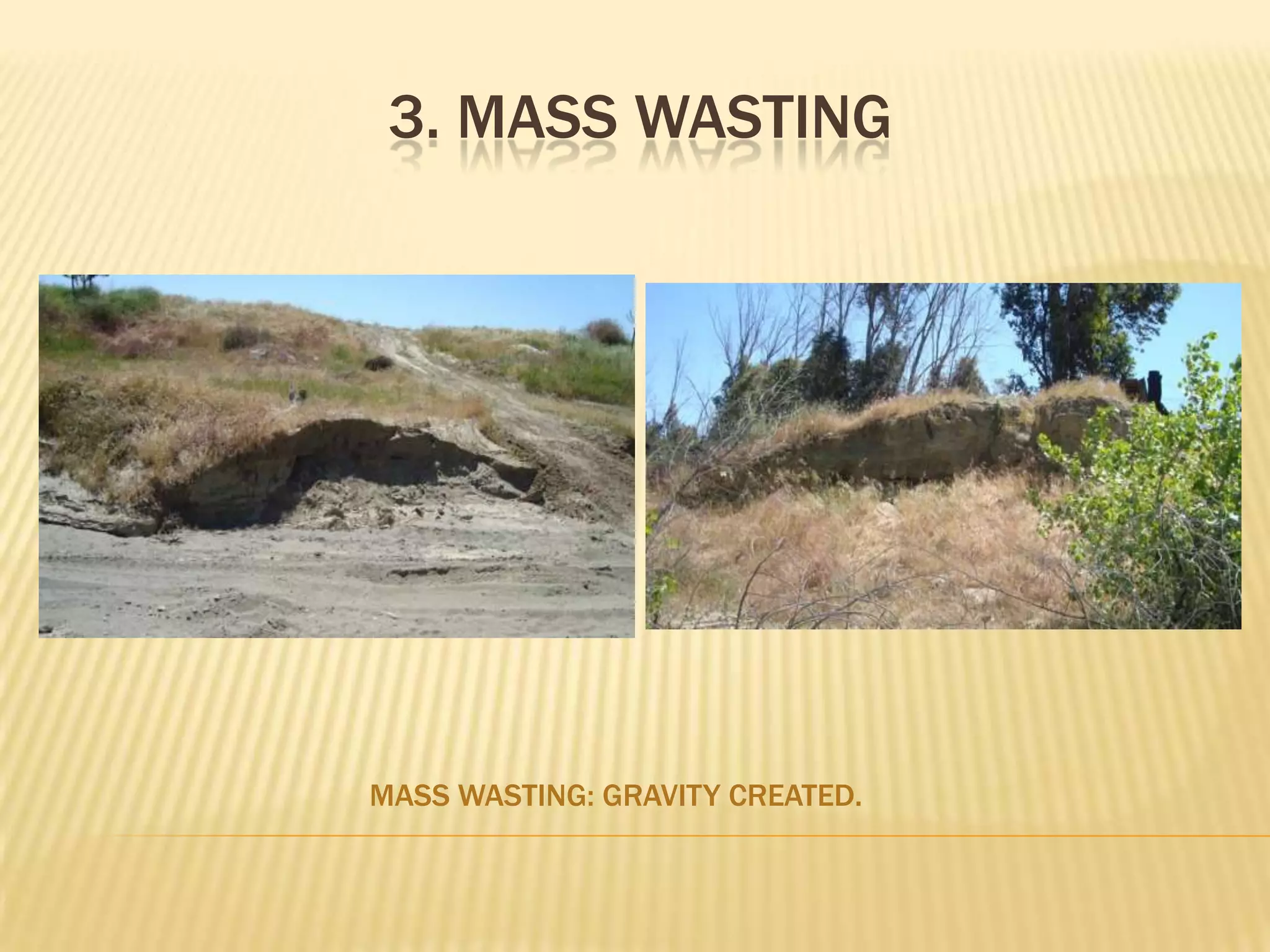 3. Mass wastingMass Wasting: Gravity created.