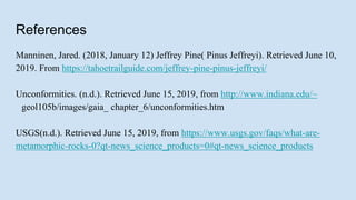 References
Manninen, Jared. (2018, January 12) Jeffrey Pine( Pinus Jeffreyi). Retrieved June 10,
2019. From https://tahoetrailguide.com/jeffrey-pine-pinus-jeffreyi/
Unconformities. (n.d.). Retrieved June 15, 2019, from http://www.indiana.edu/~
geol105b/images/gaia_ chapter_6/unconformities.htm
USGS(n.d.). Retrieved June 15, 2019, from https://www.usgs.gov/faqs/what-are-
metamorphic-rocks-0?qt-news_science_products=0#qt-news_science_products
 