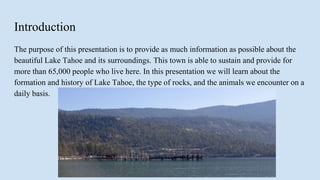 Introduction
The purpose of this presentation is to provide as much information as possible about the
beautiful Lake Tahoe and its surroundings. This town is able to sustain and provide for
more than 65,000 people who live here. In this presentation we will learn about the
formation and history of Lake Tahoe, the type of rocks, and the animals we encounter on a
daily basis.
 