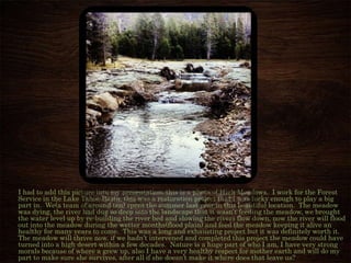 I had to add this picture into my presentation, this is a photo of High Meadows. I work for the Forest
Service in the Lake Tahoe Basin, this was a restoration project that I was lucky enough to play a big
part in. We(a team of around ten) spent the summer last year in this beautiful location. The meadow
was dying, the river had dug so deep into the landscape that it wasn’t feeding the meadow, we brought
the water level up by re-building the river bed and slowing the rivers flow down, now the river will flood
out into the meadow during the wetter months(flood plain) and feed the meadow keeping it alive an
healthy for many years to come. This was a long and exhausting project but it was definitely worth it.
The meadow will thrive now, if we hadn’t intervened and completed this project the meadow could have
turned into a high desert within a few decades. Nature is a huge part of who I am, I have very strong
morals because of where a grew up, also I have a very healthy respect for mother earth and will do my
part to make sure she survives, after all if she doesn’t make it where does that leave us?
Photo By Mark Herron
 